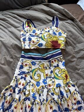 Floral Scroll Two-Piece Crop Top & Maxi Skirt Set in White, Blue, Yellow